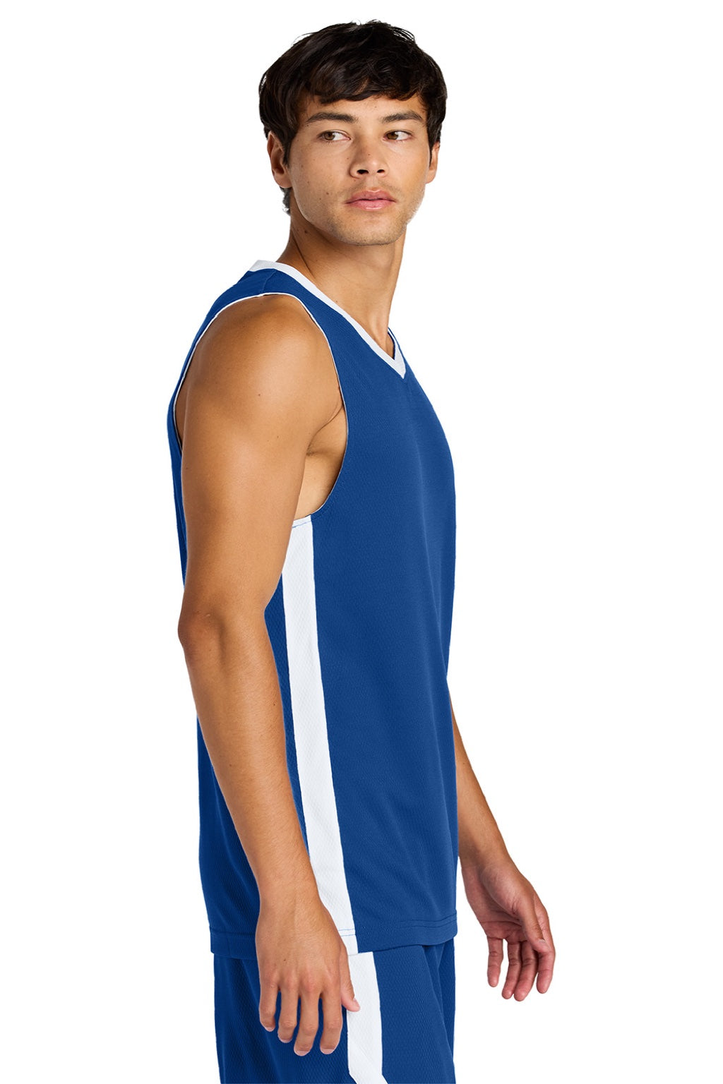 Sport-Tek ST900 Mens Rival Basketball Moisture Wicking Reversible Jersey Tank Top True Royal Blue/White Model Side