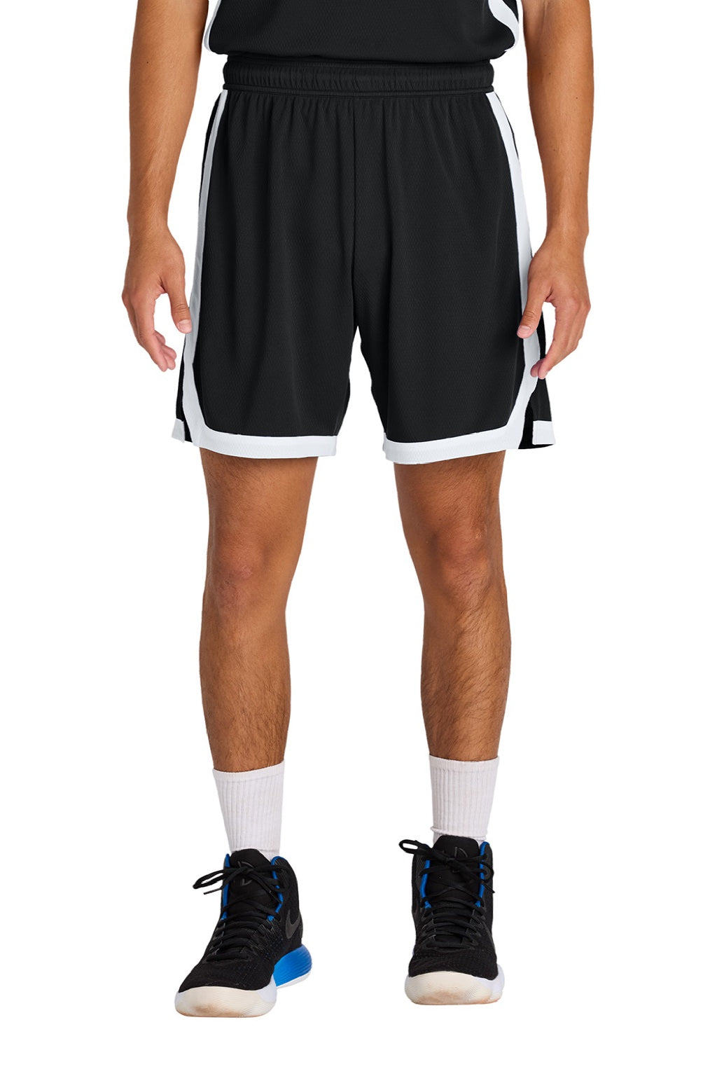 Sport-Tek ST901 Mens Rival Moisture Wicking Basketball Shorts Black/White Model Front