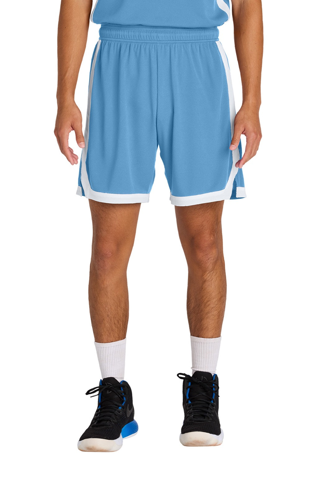 Sport-Tek ST901 Mens Rival Moisture Wicking Basketball Shorts Carolina Blue/White Model Front