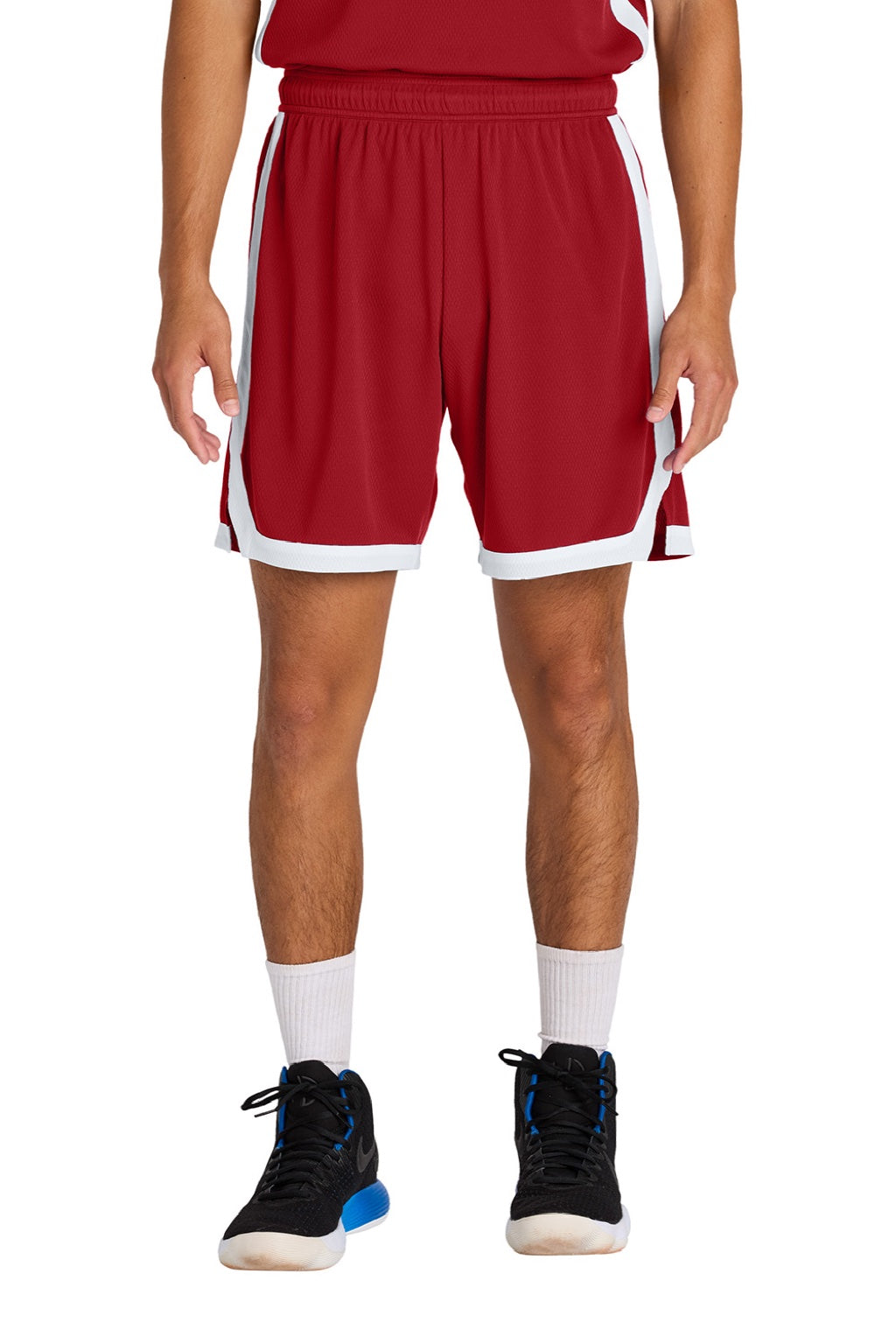 Sport-Tek ST901 Mens Rival Moisture Wicking Basketball Shorts Deep Red/White Model Front