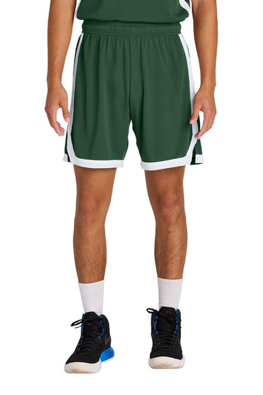 Sport-Tek ST901 Mens Rival Moisture Wicking Basketball Shorts Forest Green/White Model Front