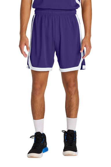 Sport-Tek ST901 Mens Rival Moisture Wicking Basketball Shorts Purple/White Model Front