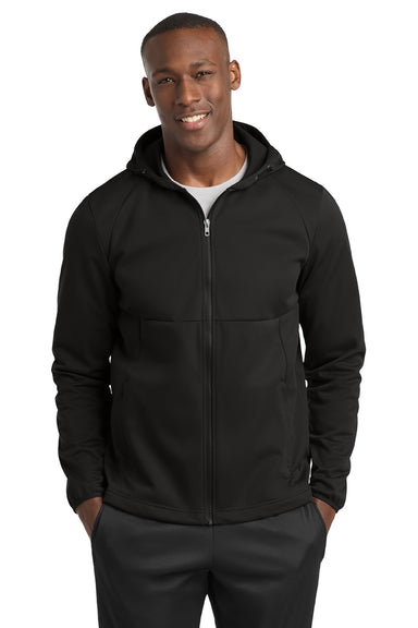 Sport-Tek ST980 Mens Wind & Water Resistant Full Zip Hooded Soft Shell Jacket Deep Black Model Front