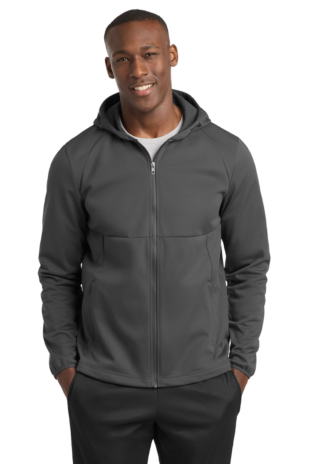 Sport-Tek ST980 Mens Wind & Water Resistant Full Zip Hooded Soft Shell Jacket Graphite Grey Model Front