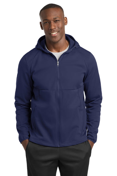 Sport-Tek ST980 Mens Wind & Water Resistant Full Zip Hooded Soft Shell Jacket True Navy Blue Model Front