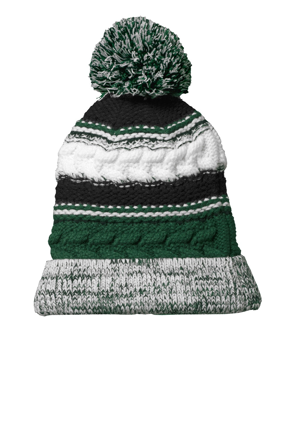 Sport-Tek Hats STC21 Pom Pom Team Beanie Forest Green/Black/White Flat Front
