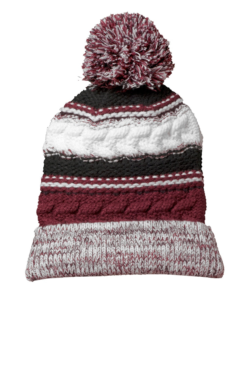 Sport-Tek Hats STC21 Pom Pom Team Beanie Maroon/Black/White Flat Front