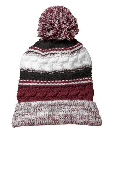 Sport-Tek Hats STC21 Pom Pom Team Beanie Maroon/Black/White Flat Front