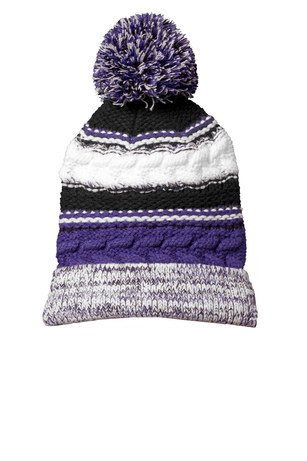 Sport-Tek Hats STC21 Pom Pom Team Beanie Purple/Black/White Flat Front