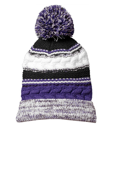 Sport-Tek Hats STC21 Pom Pom Team Beanie Purple/Black/White Flat Front