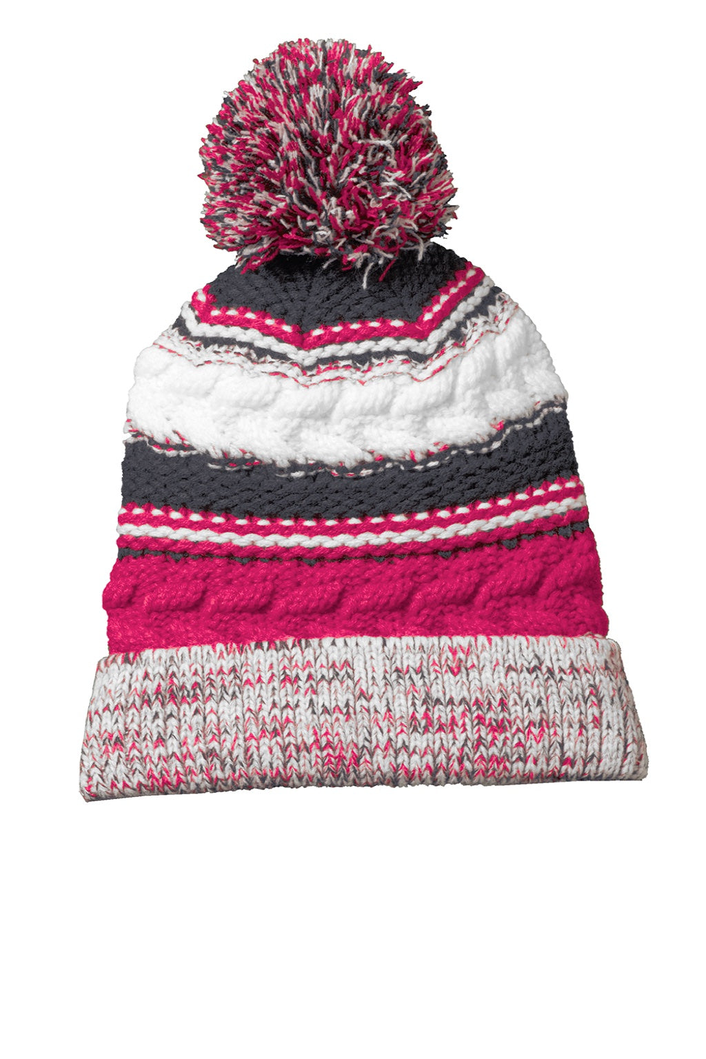 Sport-Tek Hats STC21 Pom Pom Team Beanie Raspberry Pink/Iron Grey/White Flat Front