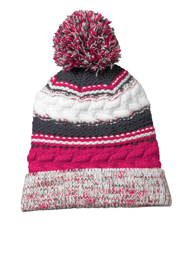 Sport-Tek Hats STC21 Pom Pom Team Beanie Raspberry Pink/Iron Grey/White Flat Front
