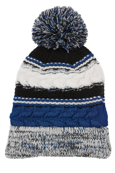 Sport-Tek Hats STC21 Pom Pom Team Beanie True Royal Blue/Black/White Flat Front