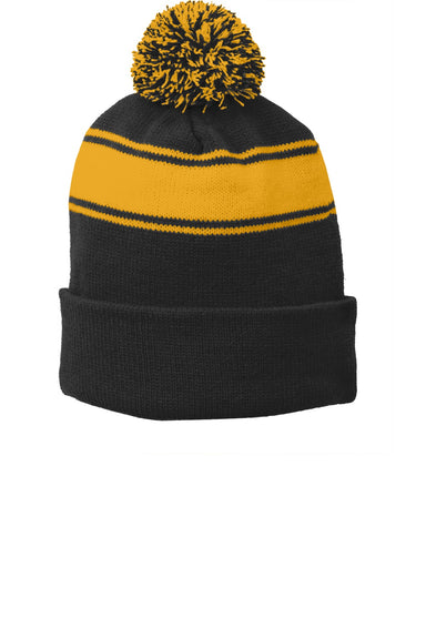 Sport-Tek Hats STC28 Stripe Pom Pom Beanie Black/Gold Flat Front