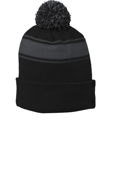 Sport-Tek Hats STC28 Stripe Pom Pom Beanie Black/Iron Grey Flat Front