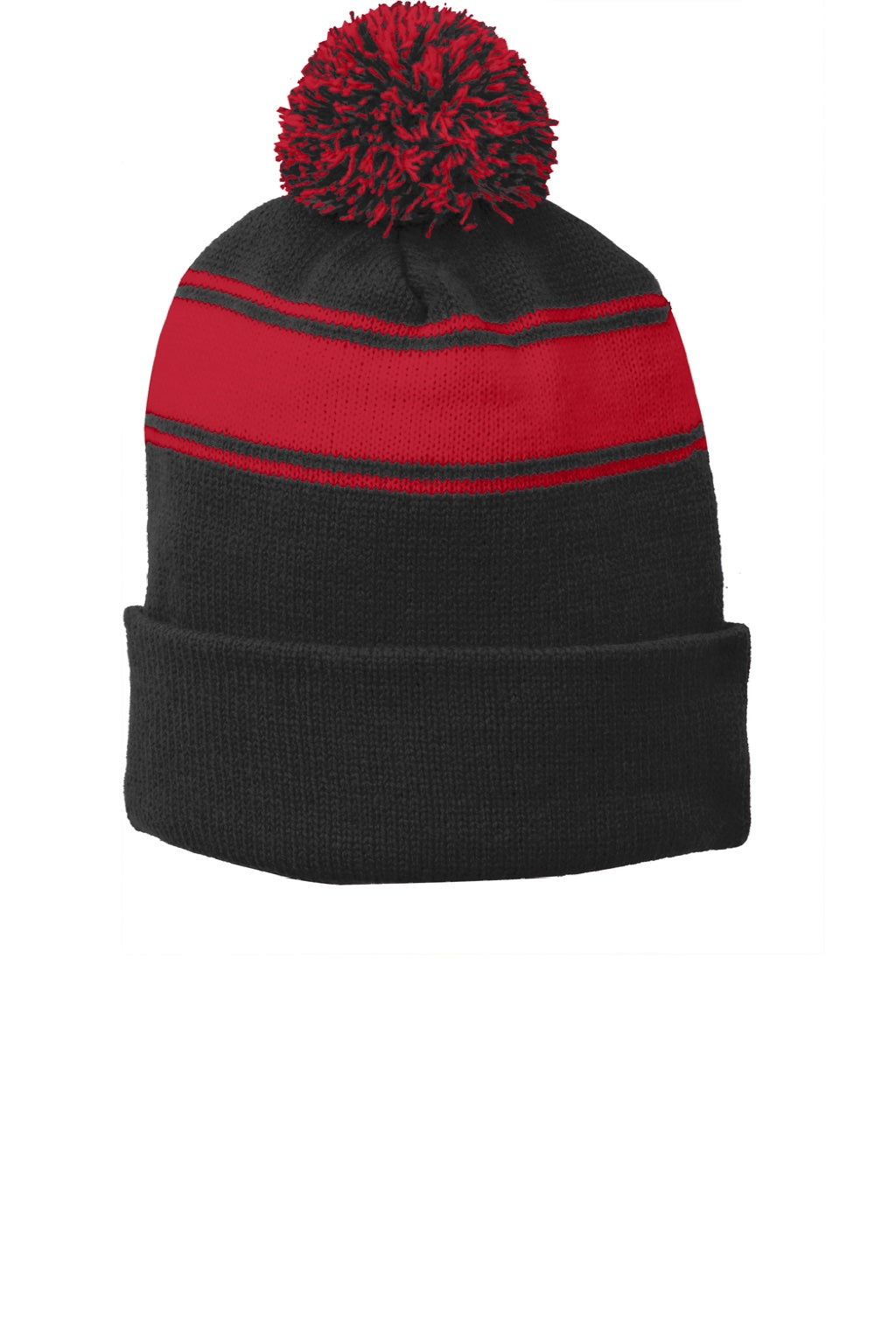 Sport-Tek Hats STC28 Stripe Pom Pom Beanie Black/True Red Flat Front