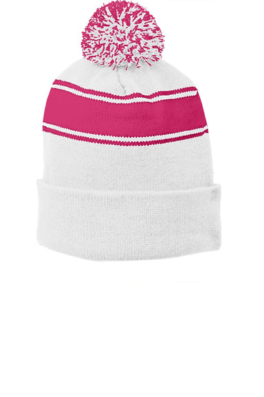 Sport-Tek Hats STC28 Stripe Pom Pom Beanie White/Raspberry Pink Flat Front