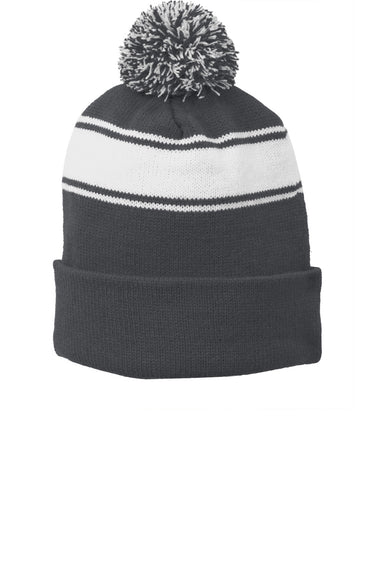 Sport-Tek Hats STC28 Stripe Pom Pom Beanie Iron Grey/White Flat Front