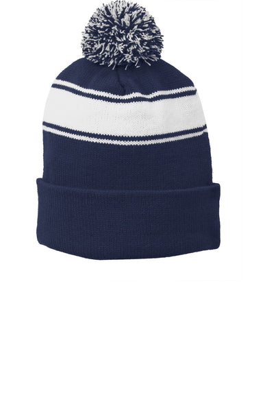 Sport-Tek Hats STC28 Stripe Pom Pom Beanie True Navy Blue/White Flat Front