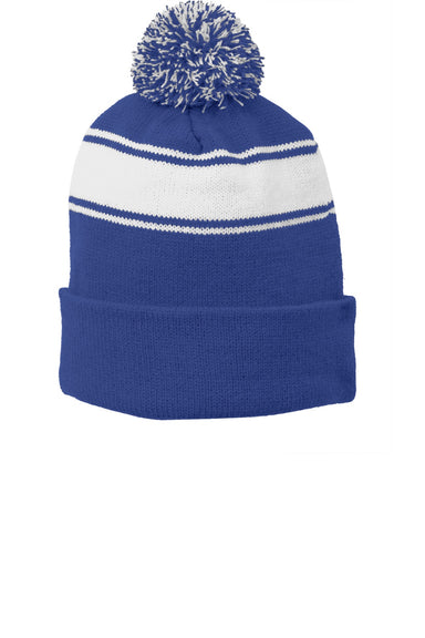 Sport-Tek Hats STC28 Stripe Pom Pom Beanie True Royal Blue/White Flat Front