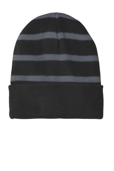 Sport-Tek Hats STC31 Striped Beanie Black/Iron Grey Flat Front