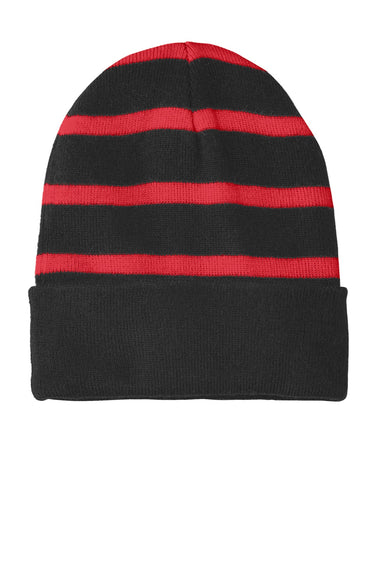 Sport-Tek Hats STC31 Striped Beanie Black/True Red Flat Front