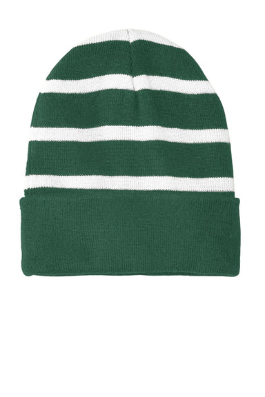 Sport-Tek Hats STC31 Striped Beanie Forest Green/White Flat Front