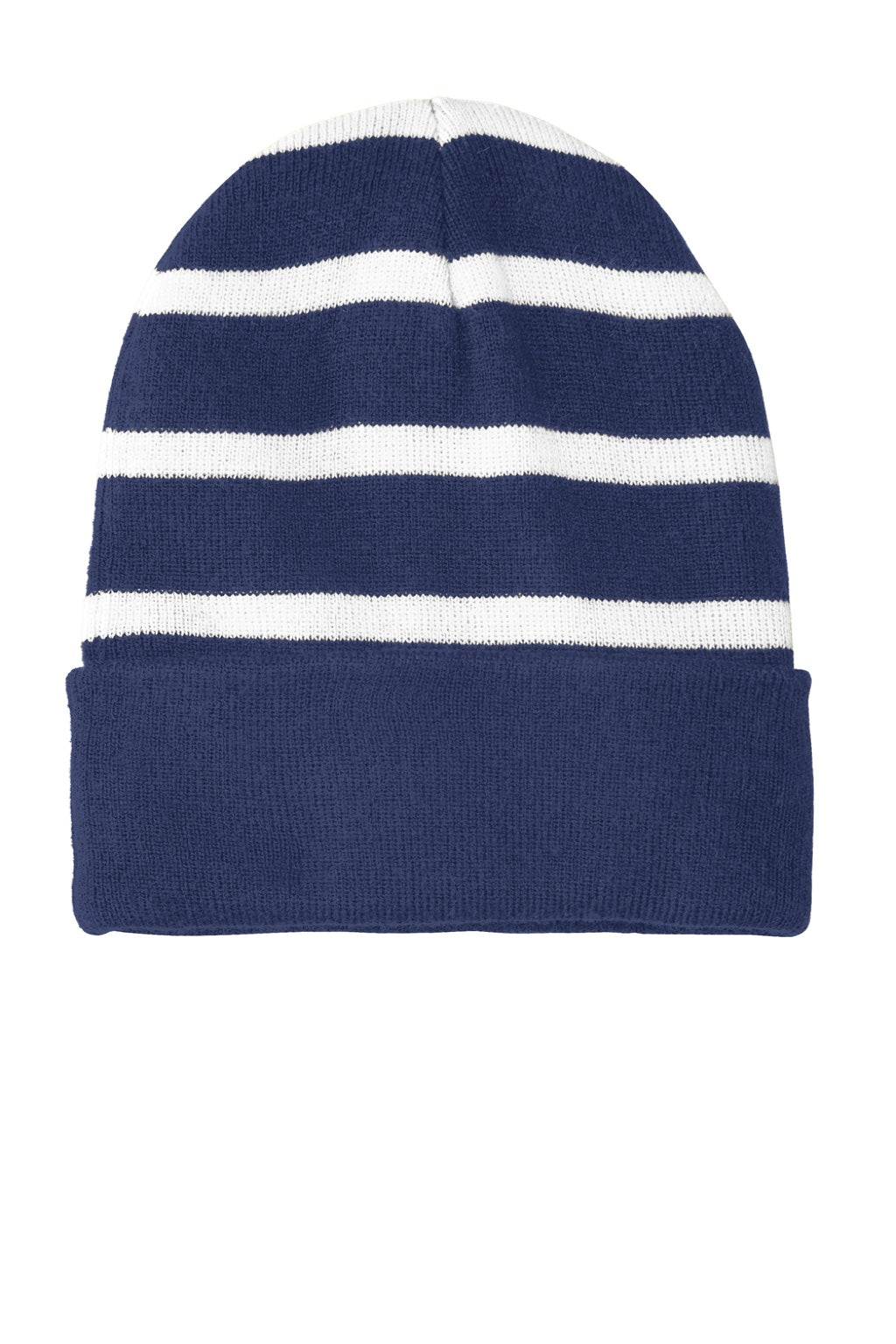 Sport-Tek Hats STC31 Striped Beanie True Navy Blue/White Flat Front