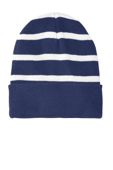 Sport-Tek Hats STC31 Striped Beanie True Navy Blue/White Flat Front
