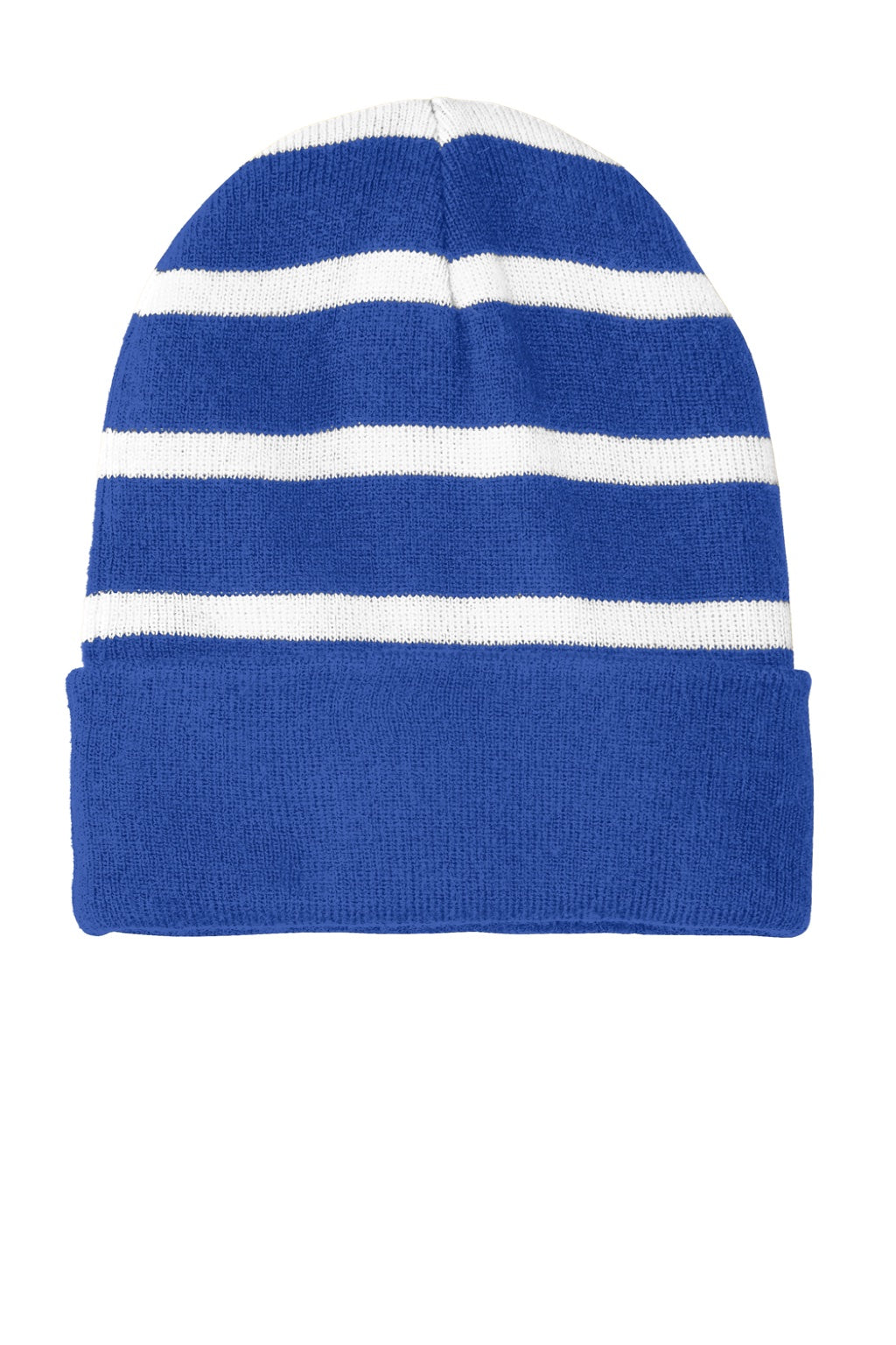 Sport-Tek Hats STC31 Striped Beanie True Royal Blue/White Flat Front