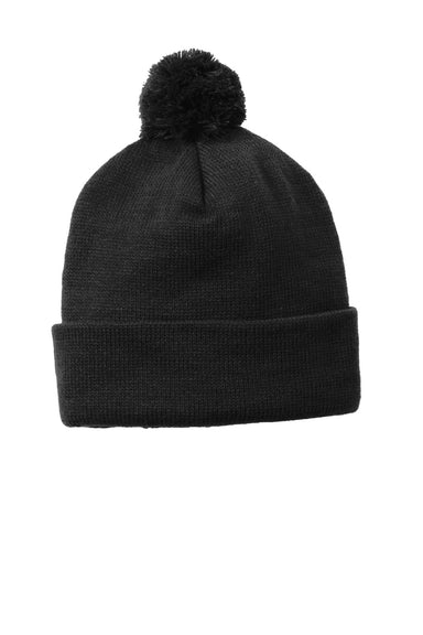 Sport-Tek Hats STC37 Solid Pom Pom Beanie Black Flat Front