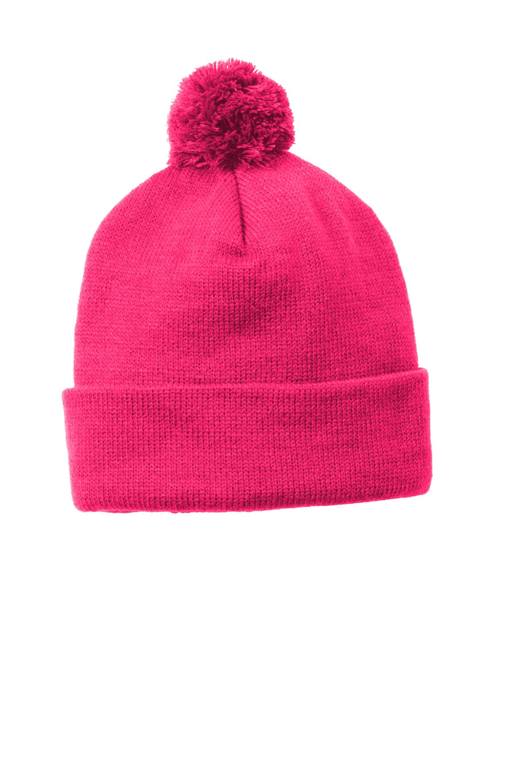 Sport-Tek Hats STC37 Solid Pom Pom Beanie Raspberry Pink Flat Front