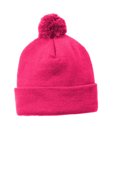 Sport-Tek Hats STC37 Solid Pom Pom Beanie Raspberry Pink Flat Front