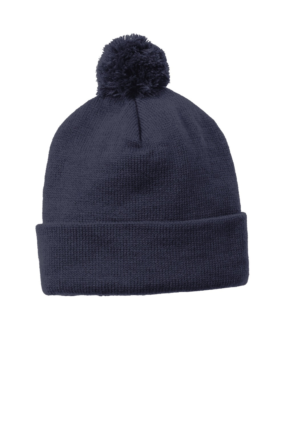 Sport-Tek Hats STC37 Solid Pom Pom Beanie True Navy Blue Flat Front