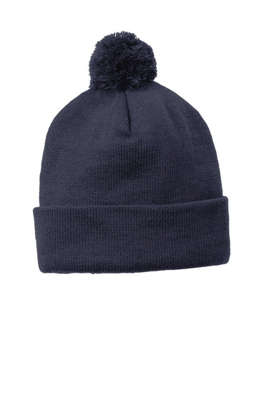 Sport-Tek Hats STC37 Solid Pom Pom Beanie True Navy Blue Flat Front