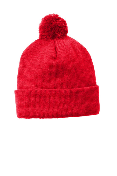 Sport-Tek Hats STC37 Solid Pom Pom Beanie True Red Flat Front
