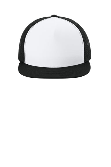 Sport-Tek Hats STC38 Mens Adjustable Trucker Hat White/Black Flat Front