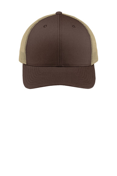 Sport-Tek Hats STC39 Mens Adjustable Trucker Hat Chocolate Brown/Khaki Flat Front