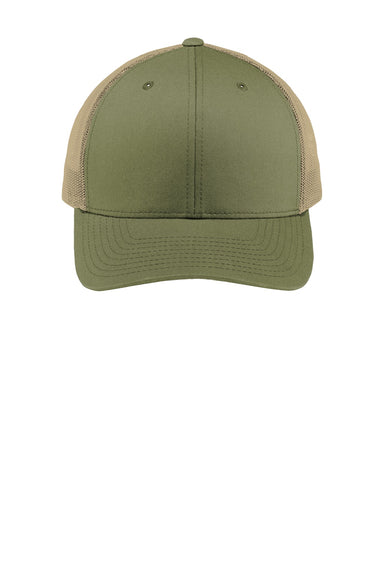 Sport-Tek Hats STC39 Mens Adjustable Trucker Hat Olive Green/Khaki Flat Front