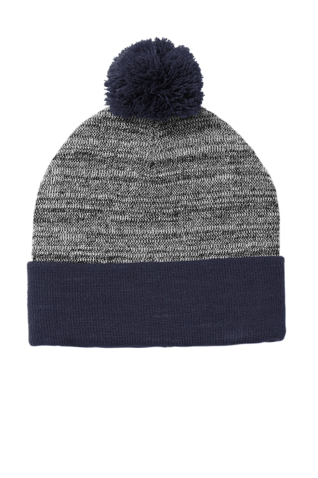 Sport-Tek Hats STC41 Heather Pom Pom Beanie True Navy Blue/Heather Grey Flat Front
