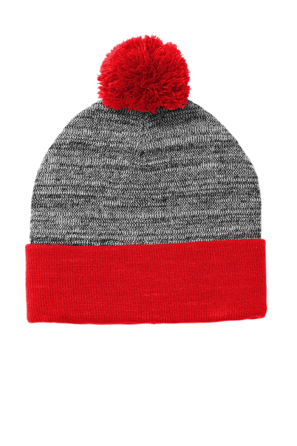 Sport-Tek Hats STC41 Heather Pom Pom Beanie True Red/Heather Grey Flat Front