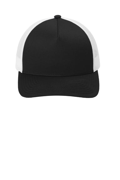 Sport-Tek Hats STC54 Mens Adjustable Retro Trucker Hat Black/White Flat Front