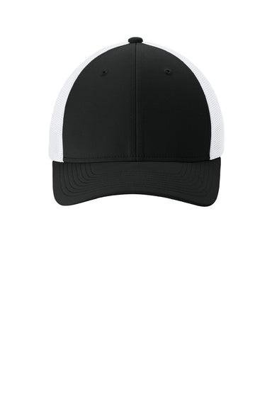 Sport-Tek Hats STC60 Mens Moisture Wicking Stretch-Tek Mesh Back Hat Black/White Flat Front