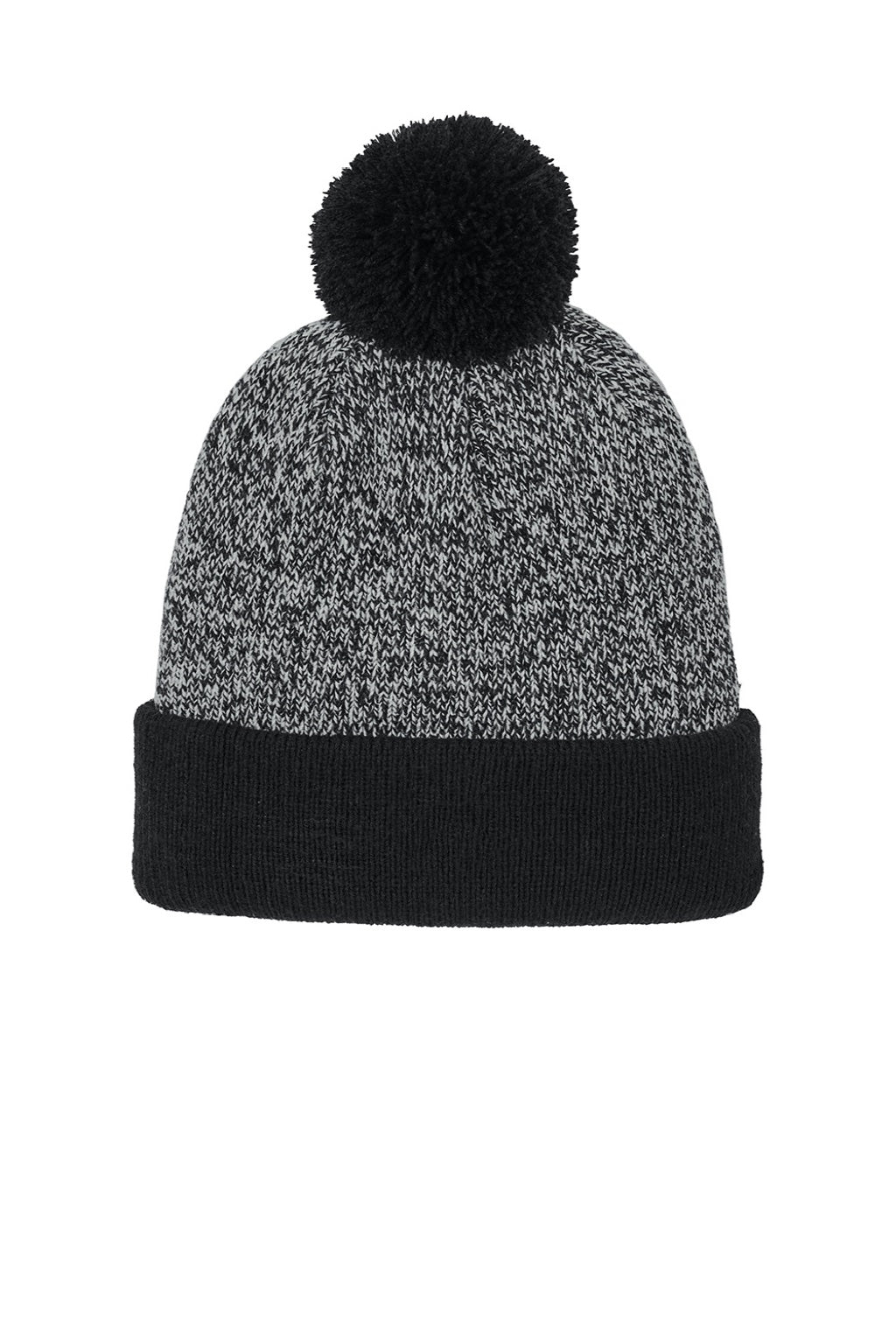 Sport-Tek Hats STC68 Mens Halftime Heather Pom Beanie Black/Silver Grey Flat Front