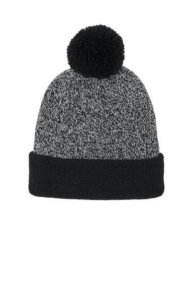 Sport-Tek Hats STC68 Mens Halftime Heather Pom Beanie Black/Silver Grey Flat Front