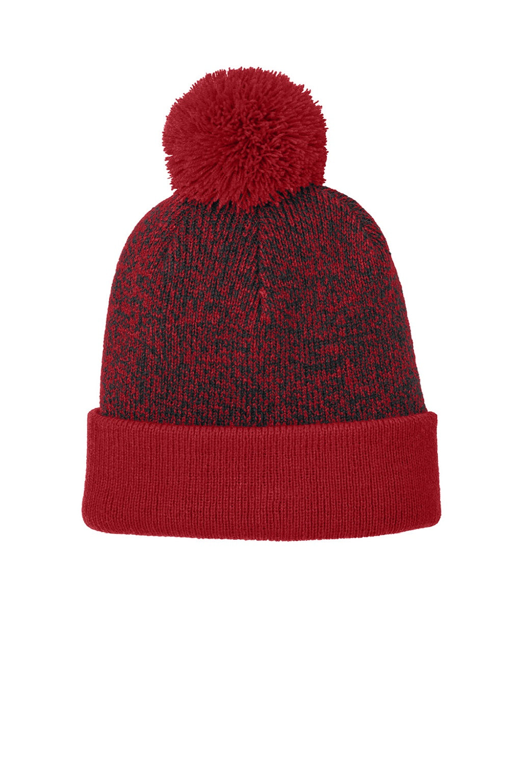 Sport-Tek Hats STC68 Mens Halftime Heather Pom Beanie Dep Red/Black Flat Front