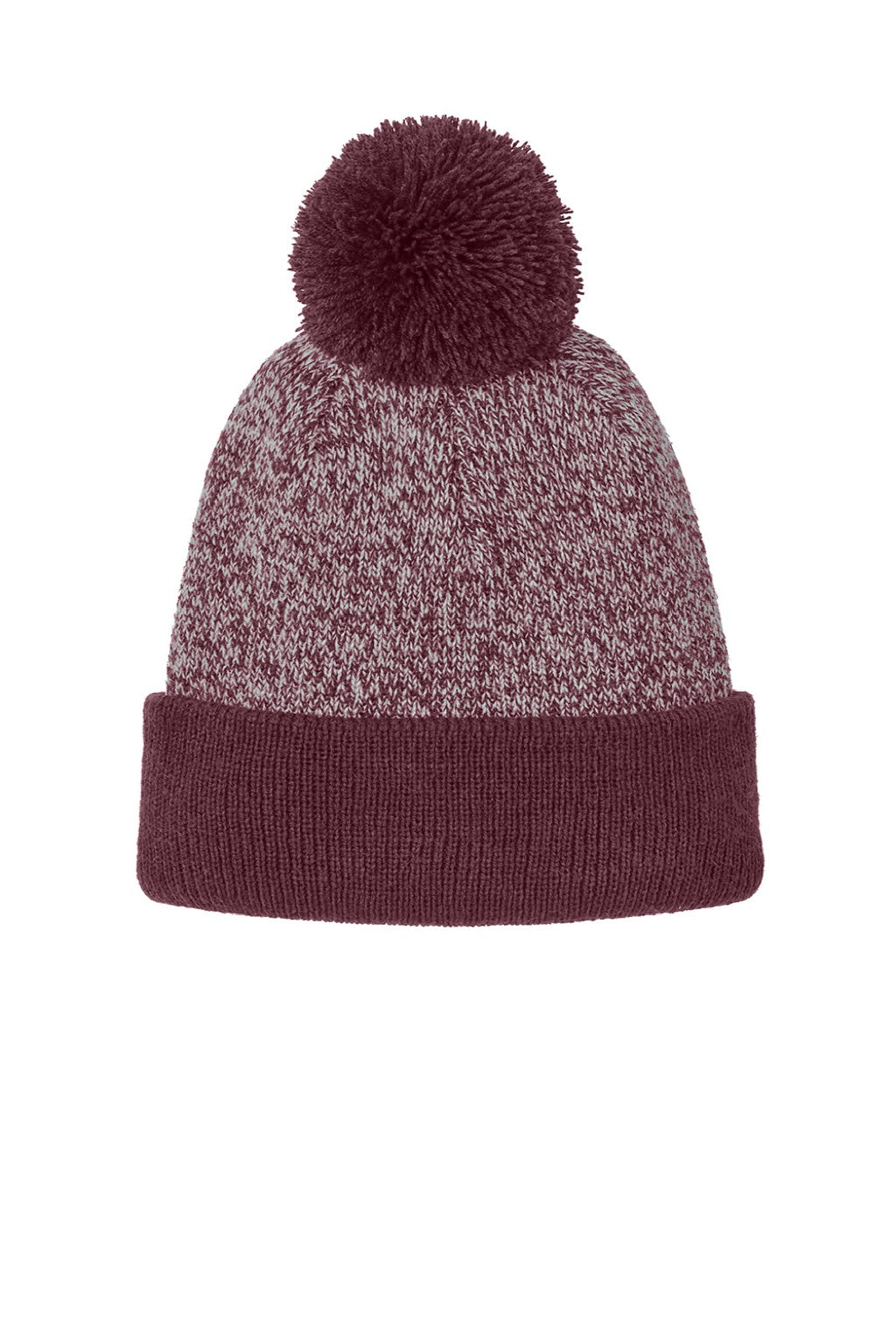 Sport-Tek Hats STC68 Mens Halftime Heather Pom Beanie Maroon/Silver Grey Flat Front