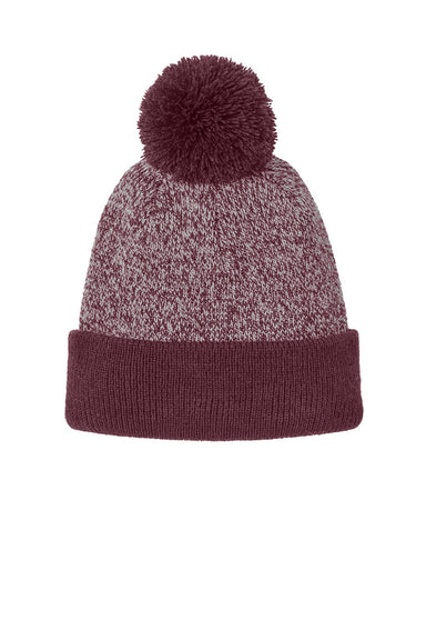 Sport-Tek Hats STC68 Mens Halftime Heather Pom Beanie Maroon/Silver Grey Flat Front