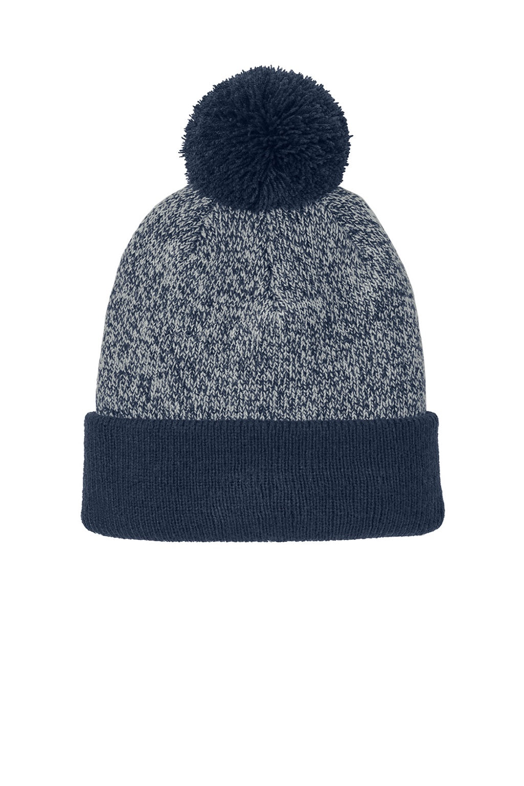 Sport-Tek Hats STC68 Mens Halftime Heather Pom Beanie True Navy Blue/Silver Grey Flat Front