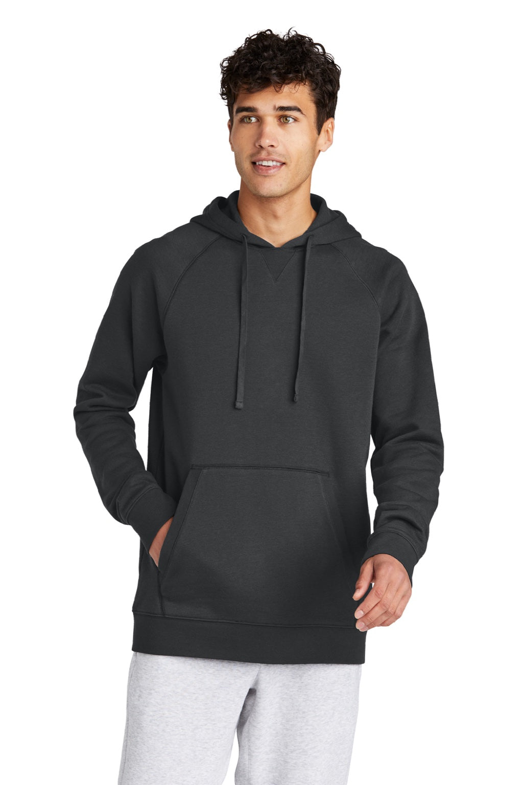 Sport-Tek STF200 Mens Drive Fleece Hooded Sweatshirt Hoodie w/ Pouch Pocket Charcoal Grey Model Front